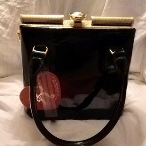 Black Patent Handbag with Large Crystal Top Embellishment NWT
